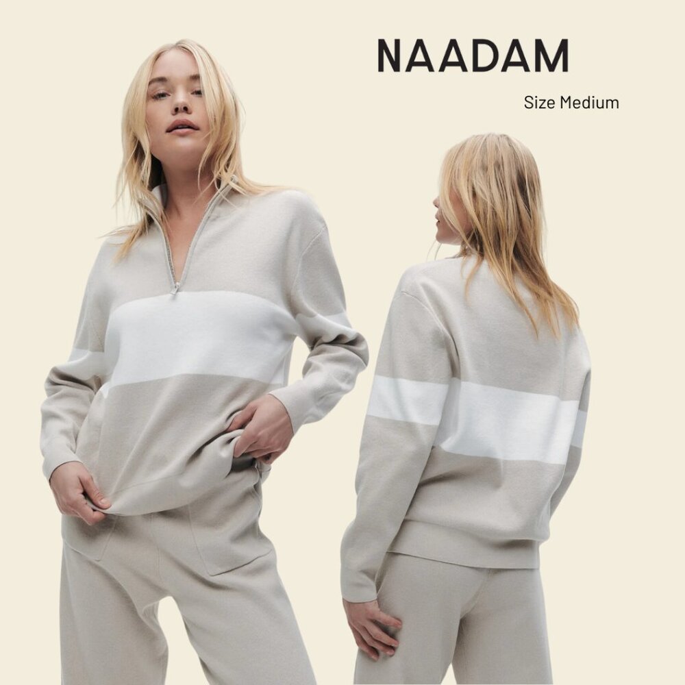 NAADAM NWT Café Cotton Cashmere Striped Quarter Zip Size Medium
